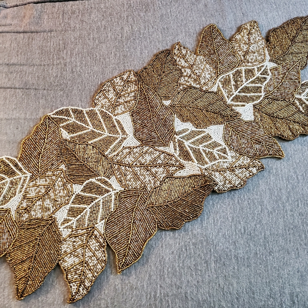 Elegant Beaded Leaf Table Runner - Gold and Brown
